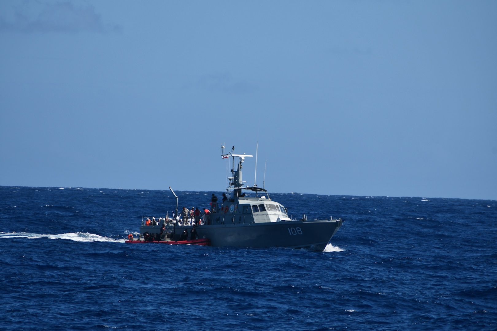 Coast Guard Cutter Joseph Napier’s small boat rendezvous with a Dominican Republic Navy vessel during the repatriation of 53 migrants to Dominican Republic, Jan. 12, 2023.  The migrant group was interdicted in the Mona Passage by Puerto Rico Police marine units, the Coast Guard Cutter Joseph Napier and a U.S. Customs and Border Protection multi-role enforcement aircraft the night of Jan. 10, 2024 near Cabo Rojo, Puerto Rico. (U.S. Coast Guard photo)