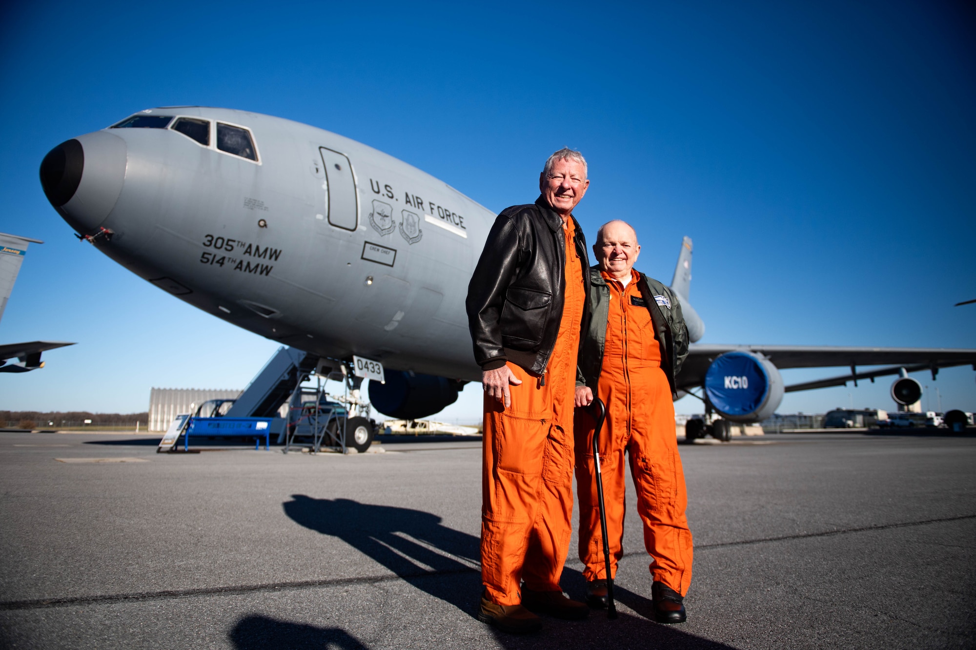 Retired U.S. Air Force Chief Master Sgt. Billy Meeks walks KC-10A 79-0433 at Dover Air Force Base, Delaware, Dec. 12, 2023. Meeks and retired U.S. Air Force Master Sgt. Jimmy Cronwell were members of the flight test crew for the KC-10A 79-0433 as boom operators. Meeks and Cronwell were instrumental in establishing boom operations in the KC-10A. Tail number 79-0433 was the first of 60 KC-10A aircraft produced for the Air Force by McDonnell-Douglas and used primarily for aerial refueling. (U.S. Air Force photo by Tech. Sgt. J.D. Strong II)