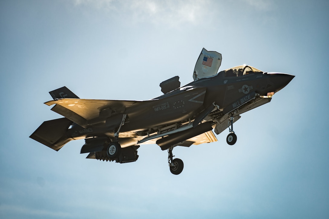 A U.S. Marine Corps F-35B Lightning II attached to Marine Fighter Attack Squadron (VMFA) 225, 15th Marine Expeditionary Unit, prepares to land aboard the amphibious assault ship USS Boxer (LHD 4) in the Pacific Ocean, Jan. 5, 2024. The 15th MEU is currently embarked aboard the Boxer Amphibious Ready Group conducting integrated training and routine operations in U.S. 3rd Fleet. (U.S. Marine Corps photo by Cpl. Joseph Helms)