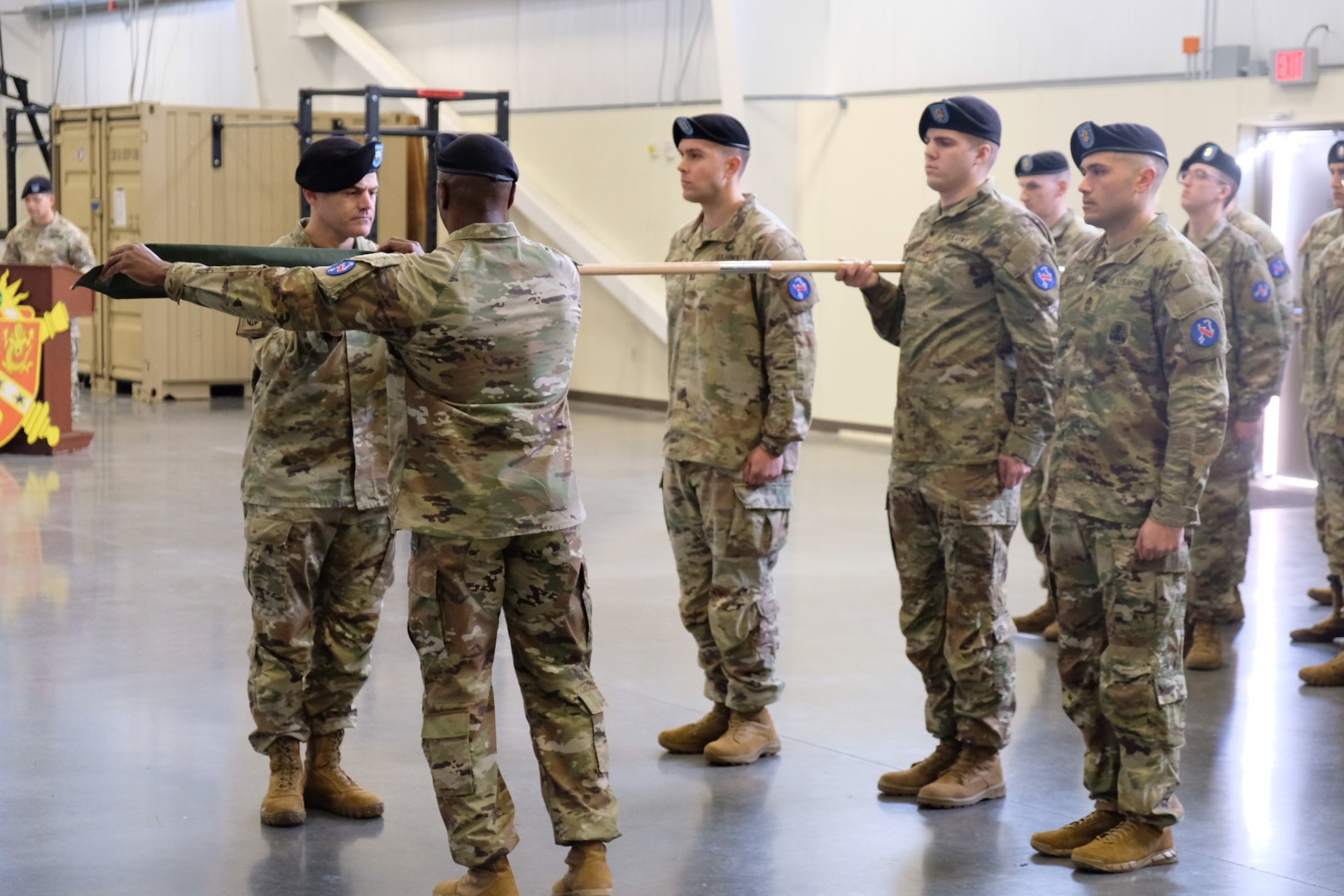 5th Battalion, 3rd Field Artillery Regiment, 1st Multi-Domain Task Force command team, Lt. Col. Benjamin Bane and Command. Sgt. Maj. LeBaron Gordon II, uncase the guidon of Delta Battery, 5th Battalion, 3rd Field Artillery Regiment, 1st Multi-Domain Task Force during an activation ceremony at Joint Base Lewis-McChord, Washington, January 10, 2024.