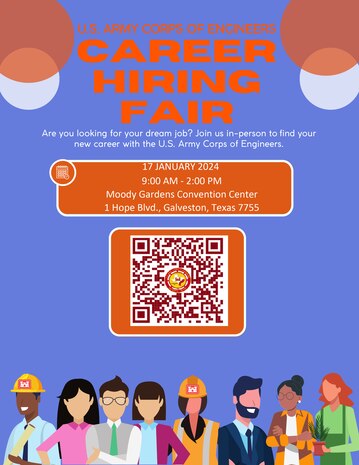 We're hiring! Stop by our Hiring Event at Moody Gardens, 1 Hope Blvd., Galveston, Texas, Wednesday Jan. 17, from 9 a.m. to 2 p.m. You don't have to go to Basic Combat Training and wear a uniform to work at the U.S. Army Corps of Engineers! Stop by Wednesday to find out more!