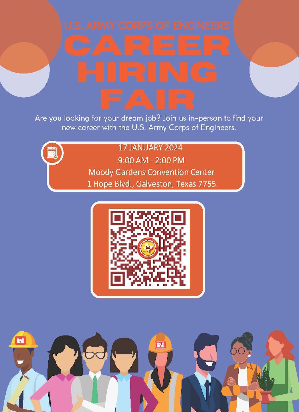 The U.S. Army Corps of Engineers (USACE) Galveston District (SWG) will host a Career Fair at the Moody Gardens Convention Center, Jan. 18, 2024, from 9 a.m. to 2 p.m.