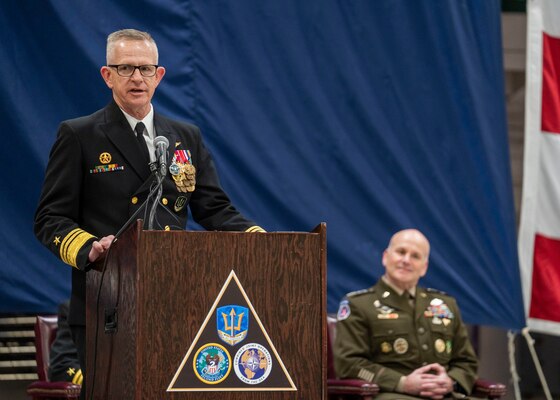 Vice Adm. Daniel Dwyer addresses U.S. 2nd Fleet staff and guests during a change of command ceremony aboard USS Harry S. Truman (CVN 75).