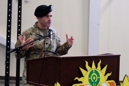 5th Battalion, 3rd Field Artillery Regiment, 1st Multi-Domain Task Force commander, Lt. Col. Benjamin Bane speaks at the activation ceremony of Delta Battery, 5th Battalion, 3rd Field Artillery Regiment, 1st Multi-Domain Task Force during at Joint Base Lewis-McChord, Washington, January 10, 2024.