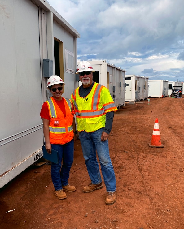 Dora Molina, a project engineer  and Larry Ramos, quality assurance both from U. S. Army Corps of Engneers Galveston District  continue work on the critical public facility as part of the Hawaii Wildfires Recovery mission. Contractors will place 337 modular units to form ten large and 20 small classrooms. Besides the classrooms, the campus will include three restrooms, one administration building, one learning center, and one combination dining and food service center. As of Jan. 8, 2024, 300 units are on site and ready for placement.

The modular school is a temporary replacement for the King Kamehameha III Elementary School, which served the students of Lahaina since 1913.