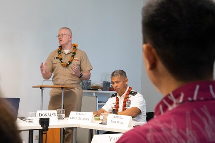 Joint Task Force-Red Hill (JTF-RH) Commander, U.S. Navy Vice Adm. John Wade, JTF-RH Strategic Engagement Director, U.S. Army Brig. Gen. Lance Okamura, and leaders from Navy Closure Task Force-Red Hill meet with the Omidyar Fellows in Honolulu, Hawaii, Jan. 11, 2024.