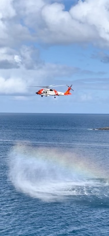 A Coast Guard MH-60T Jayhawk aircrew searches for a missing boater off Coki Beach in St. Thomas, U.S. Virgin Islands, Jan. 14, 2024. The missing boater is Todman Davaughn, 51, who reportedly was ejected from a 30-foot white power boat after the vessel crashed and spun out of control several times. (U.S. Coast Guard Photo by Petty Officer 1st Class Paul Sanders)