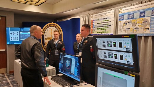  ARLINGTON, Va. (Jan. 11, 2024) Sailors from the Surface Combat Systems Training Command domain discuss Surface Training Advanced Virtual Environment-Combat Systems (STAVE-CS) training systems with Deputy Chief of Naval Operations for Operations, Plans, and Strategy, N3N5, Vice Adm. Gene Black.  STAVE-CS, the Director, Surface Warfare’s (OPNAV N96) program of record, was introduced in 2015 as a means to invest in training technologies, devices, and facilities to improve the effectiveness, efficiency, and availability of all surface training.  These training systems are providing the high-end tactical training needed to guarantee our warfighters are ready to execute the mission – whenever, and wherever called.  (U.S. Navy photo by Surface Combat Systems Training Command)