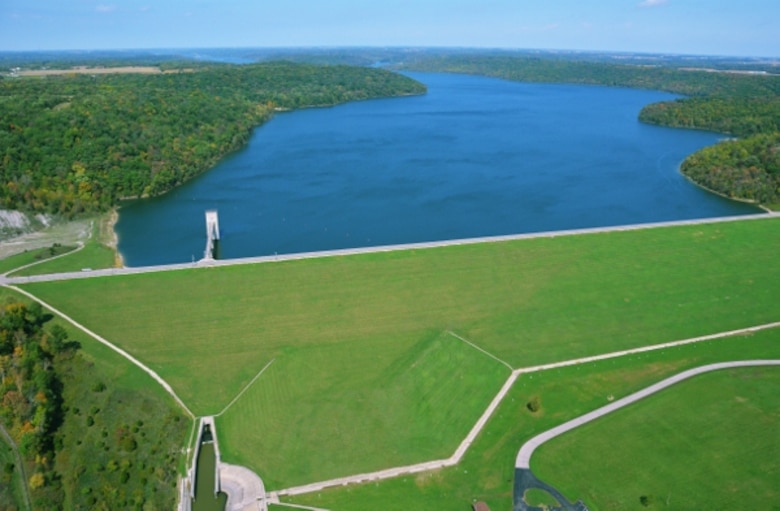Aerial view of the Brookville Lake Dam in Brookville, Indiana.
