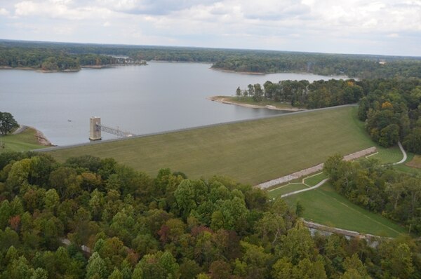 Aerial view of the Dam at Cecil M. Harden Lake in Rockville, Indiana.