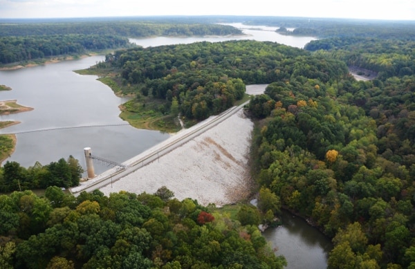 Aerial view of the dam at Cagles Mill Lake in Poland, Indiana.