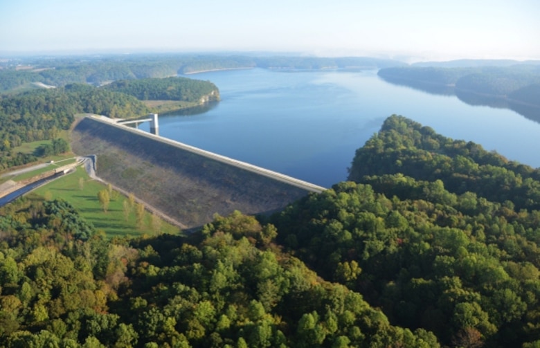 Aerial view of the dam at Green River Lake in Campbellsville, Kentucky.