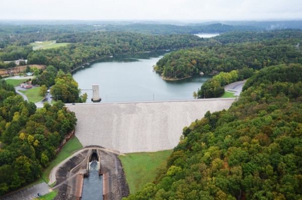 Aerial view of the tailwater and dam at Nolin River Lake in Mammoth Cave, Kentucky.