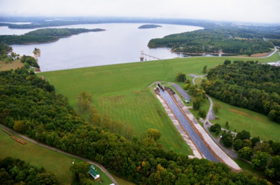 Aerial view of the tailwater and Dam at Barren River Lake in Glasgow, Kentucky.