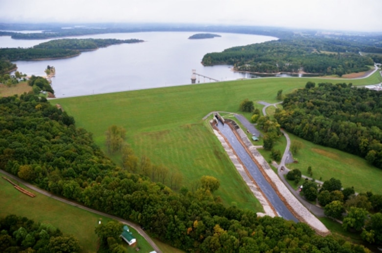 Aerial view of the tailwater and Dam at Barren River Lake in Glasgow, Kentucky.