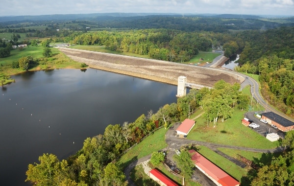 Aerial view of the dam at Rough River Lake in Falls of Rough, Kentucky.