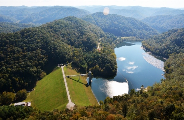 Aerial view of the dam at Buckhorn Lake in Buckhorn, Kentucky.