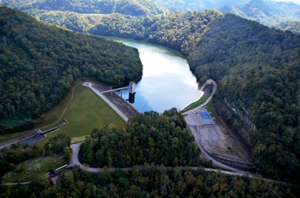 Aerial view of the dam at Carr Creek Lake in Sassafras, Kentucky.