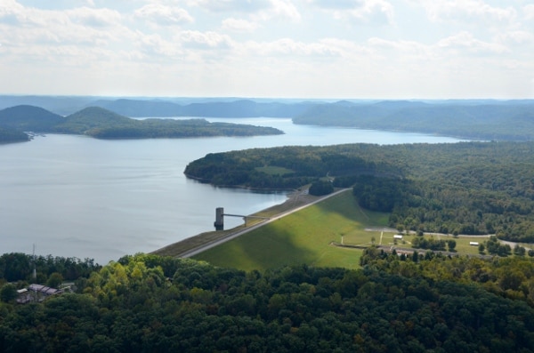 Aerial view of the dam at Cave Run Lake in Morehead, Kentucky.