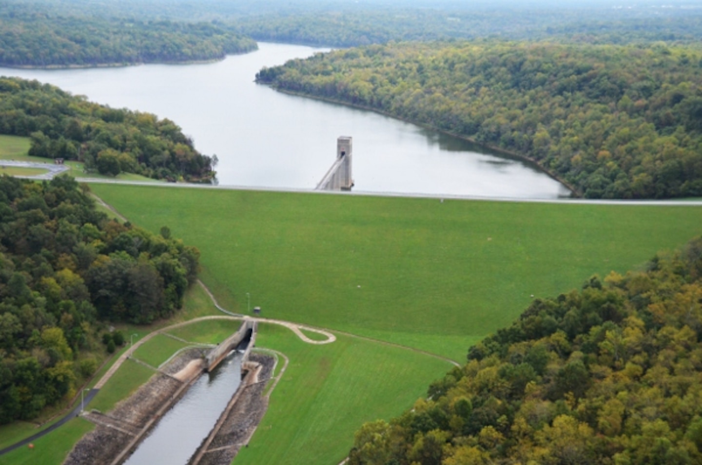 Aerial view of the tailwater and dam at Taylorsville Lake in Taylorsville, Kentucky.
