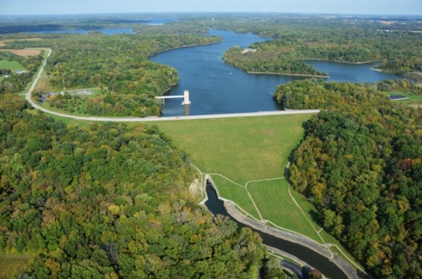 Aerial view of Caesar Creek Lake and dam in Waynesville, Ohio
