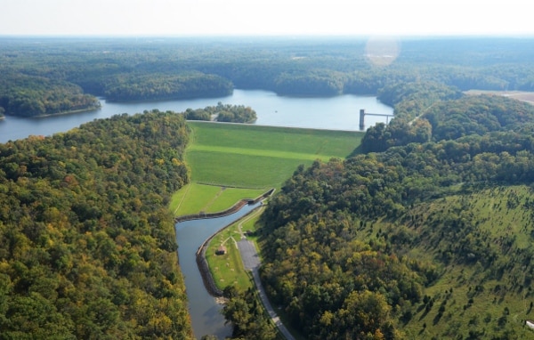 Ariel view of the Dam and tailwater at William H. Harsha Lake in Batavia, Ohio.