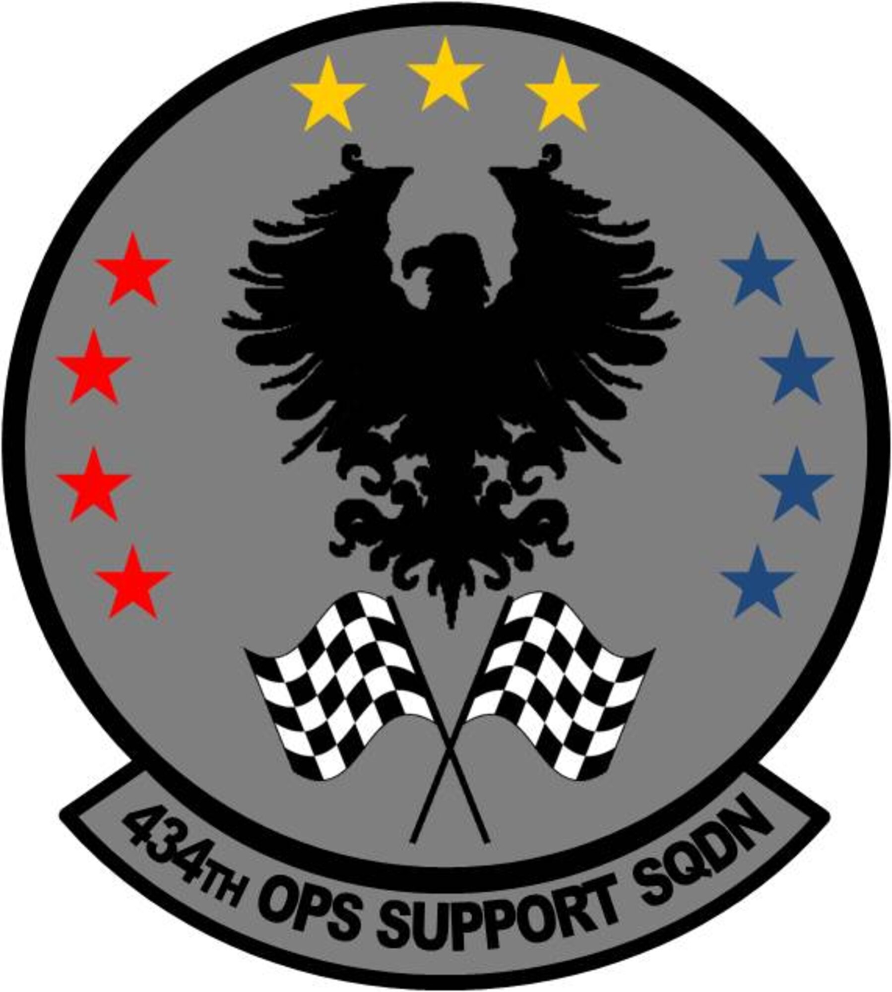 A gray Air Force-style patch that reads "434th Ops Support Sqdn" in bold, all-caps black text. The image, a bird silhouette with full wing span sits between two sets of four stars curving it on either side, the left set in red and right set in blue.