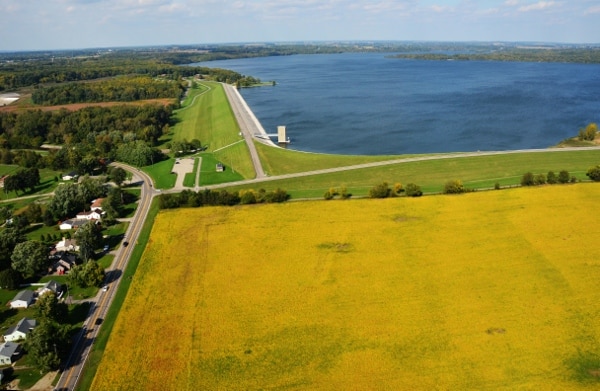 Aerial photo of C.J. Brown Dam and Reservoir in Springfield, Ohio.