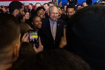 Secretary of the Navy Carlos Del Toro greets the crew in the hangar bay of the world�s largest aircraft carrier USS Gerald R. Ford (CVN 78) during a visit to mark the completion of the ship�s eight-month maiden deployment, Jan. 15, 2024.