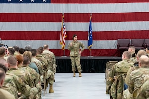 Chief Master Sgt. of the Air Force JoAnne Bass visited the 419th Fighter Wing, Hill Air Force Base, January 7, 2023 – getting an up-close look at the wing’s mission, having lunch with outstanding performers, and conducting an All Call with the wing.