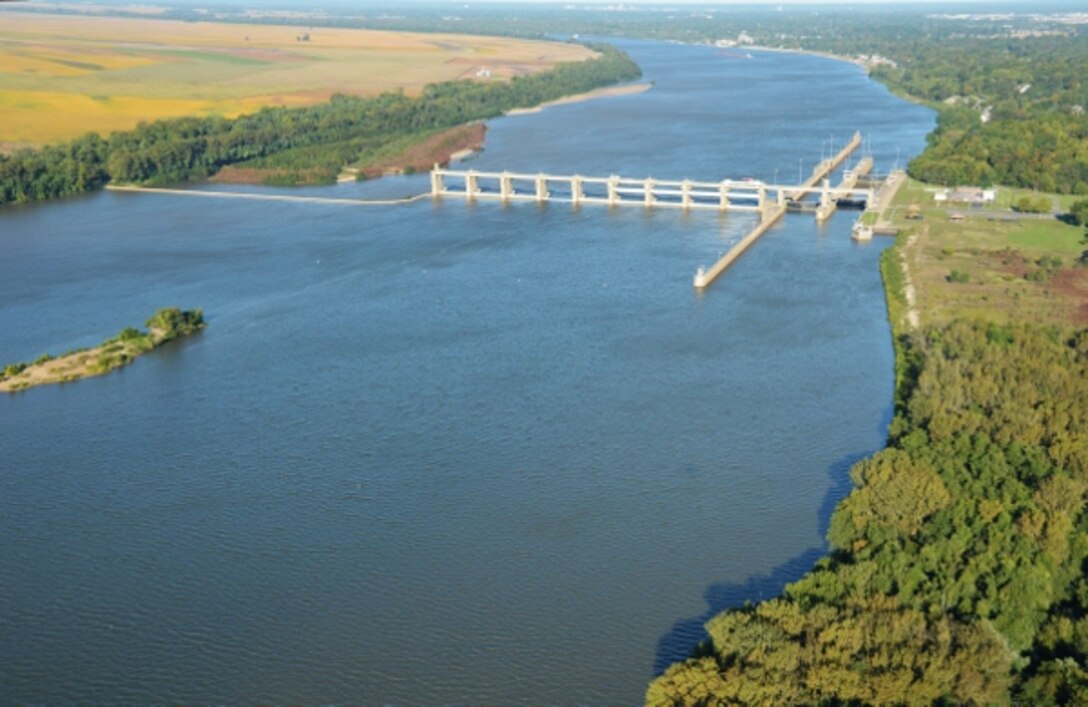 Aerial view of the Newburgh Locks and Dam in Newburgh, Indiana.