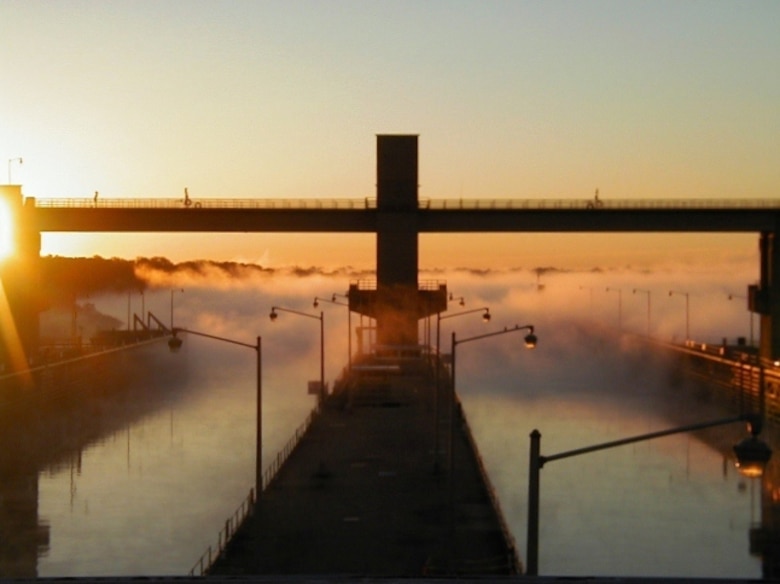 A view of fog coming off the water in the locks at John T. Myers Locks and Dam in Mt. Vernon, Indiana.