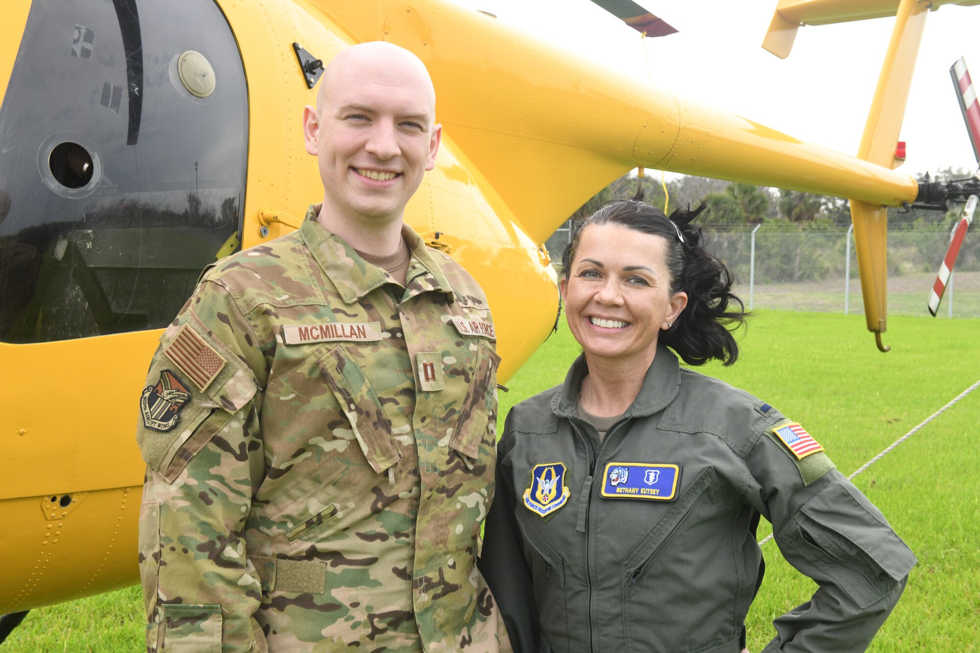 Capt. Benjamin McMillan, left, and 1st Lt. Bethany Eutsey, right, both medical entomologists assigned to the 757th Aerial Squadron, participate in their first Department of Defense Category 11 Pesticide Applicator Training and Certification Course at Manatee County Mosquito Control District's Headquarters, Florida, from Jan. 8-11, 2024.