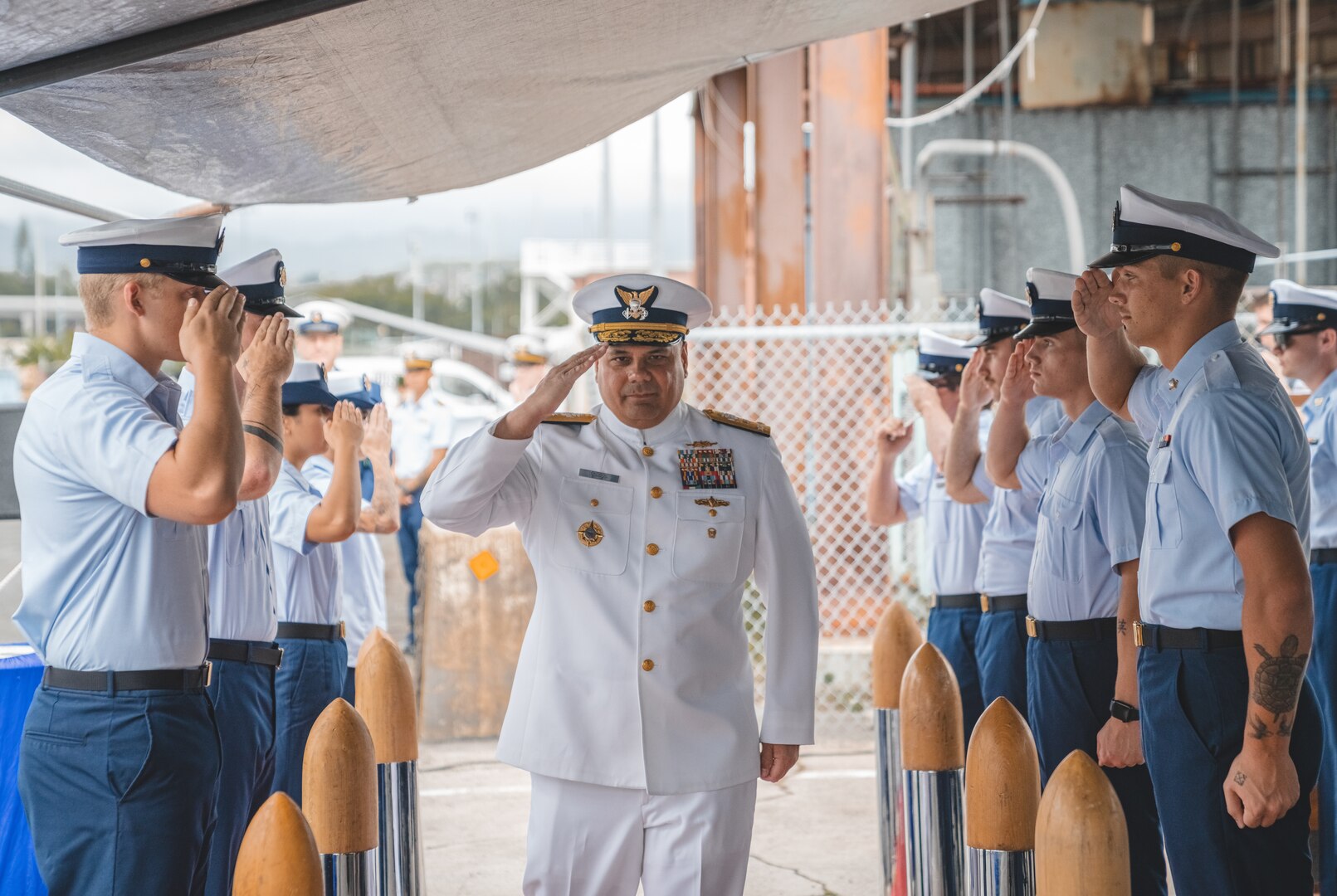 U.S. Coast Guard Cutter Harriet Lane (WMEC 903) and crew held a ceremony celebrating their recent home port shift to Joint Base Pearl Harbor-Hickam, Tuesday, presided over by Adm. Steven Poulin, vice commandant, U.S. Coast Guard. The Harriet Lane is U.S. Coast Guard Pacific Area’s newest Indo-Pacific support cutter. Harriet Lane and crew departed Coast Guard Base Portsmouth, Virginia, November 2023, and arrived at Pearl Harbor, Hawaii, December 2023, after transiting more than 8,000 nautical miles for over 36-days. (Photo by Petty Officer 2nd Class Ty Robertson)