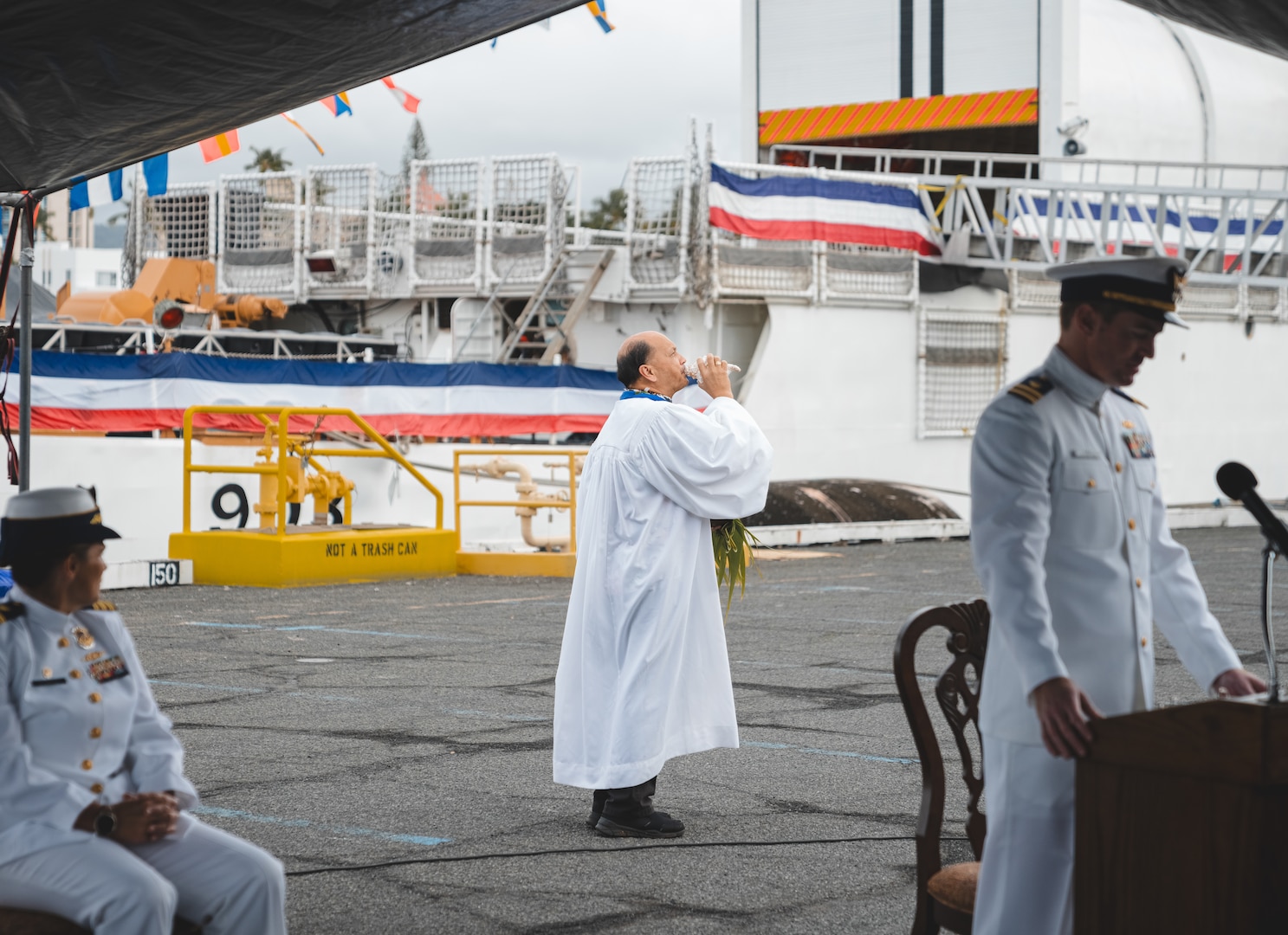 U.S. Coast Guard Cutter Harriet Lane (WMEC 903) and crew held a ceremony celebrating their recent home port shift to Joint Base Pearl Harbor-Hickam, Tuesday, presided over by Adm. Steven Poulin, vice commandant, U.S. Coast Guard. The Harriet Lane is U.S. Coast Guard Pacific Area’s newest Indo-Pacific support cutter. Harriet Lane and crew departed Coast Guard Base Portsmouth, Virginia, November 2023, and arrived at Pearl Harbor, Hawaii, December 2023, after transiting more than 8,000 nautical miles for over 36-days. (Photo by Petty Officer 2nd Class Ty Robertson)