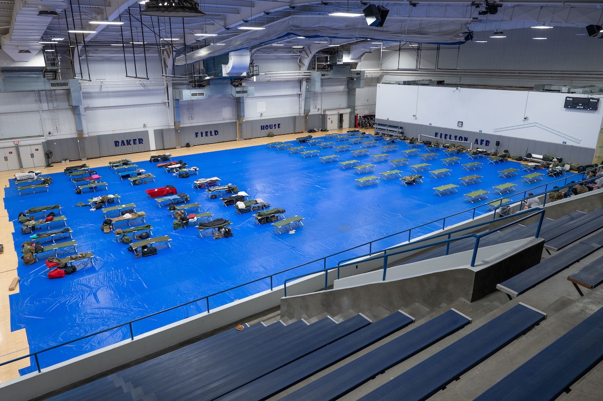 The 354th Force Support Squadron utilizes the Baker Field house gymnasium for Raven Beddown 2024 on Eielson Air Force Base, Alaska, Jan. 6, 2024.