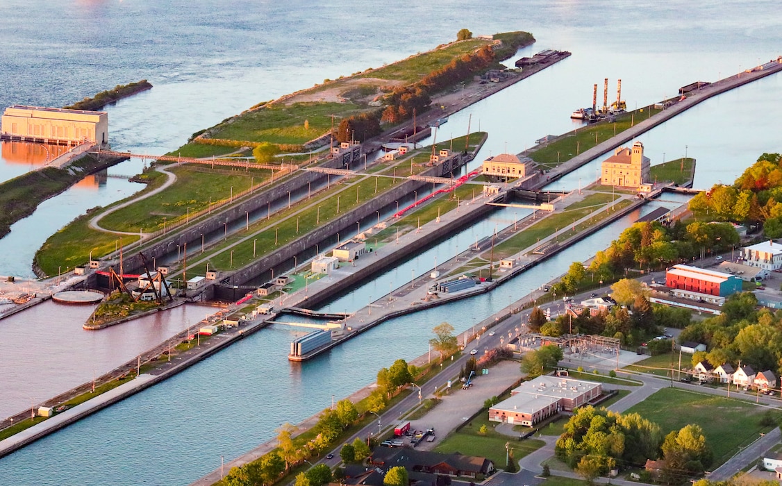 The Soo Locks at sunset in Sault Ste. Marie, Michigan during Fall 2020.