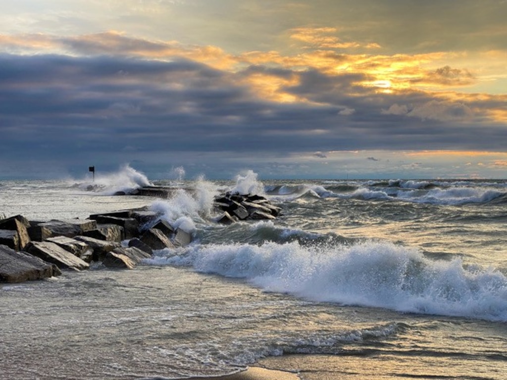 New Buffalo, Michigan Harbor Beach break wall on July 8, 2021.