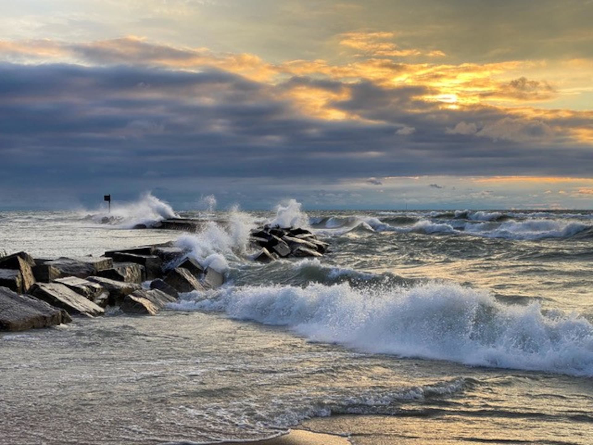 New Buffalo, Michigan Harbor Beach break wall on July 8, 2021.