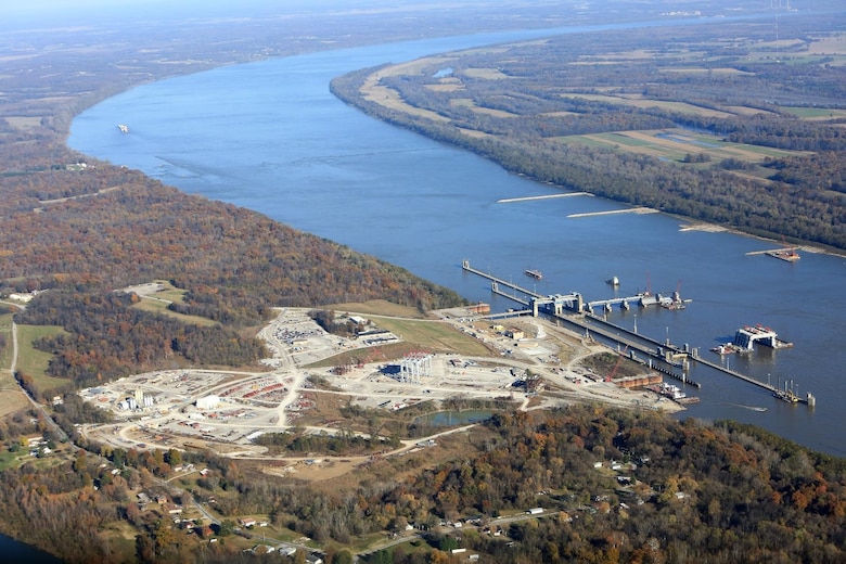 Aerial view of Olmsted Locks and Dam in Olmsted, Illinois.