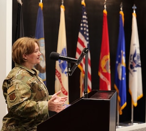 U.S. Air Force Col. Angelina Maguinness, 17th Training Wing commander, gives the closing remarks at the Martin Luther King Jr. Luncheon at the Powell Event Center, Goodfellow Air Force Base, Texas, Jan. 11, 2024. Soon After Martin Luther King Jr.’s speech, the Civil Rights Act of 1964 was passed, which was meant to put an end to racial discrimination and segregation in public accommodations, public education and federally assisted programs. (U.S. Air Force Photo by Staff Sgt. Nathan Call)