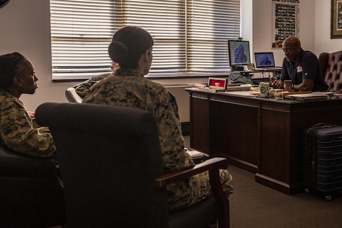 U.S. Marine Corps Brig. Gen. James A. Ryans II, commanding general, Marine Corps Recruit Depot, and Western Recruiting Region, sits down with the Marine Corps Recruit Depot Parris Island, Recruit Training Regiment Command staff, at MCRD San Diego, Jan. 8, 2024. Parris Island command leadership visited MCRD San Diego to discuss current recruit training events. (U.S. Marine Corps photo by Lance Cpl. Jacob B. Hutchinson)