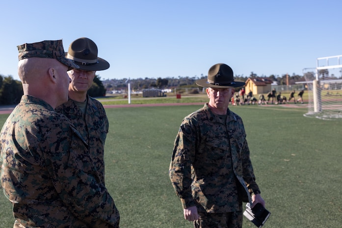 U.S. Marine Corps Col. Christopher B. McArthur, left, commanding officer, Recruit Training Regiment Marine Corps Recruit Depot Parris Island, and Sgt. Maj. David Watts, right, Recruit Training Regiment sergeant major, MCRD PI, tour MCRD San Diego, Jan. 8, 2024.Parris Island command leadership visited MCRD San Diego to discuss current recruit training events and how MCRD SD operates. (U.S. Marine Corps photo by Lance Cpl. Jacob B. Hutchinson)