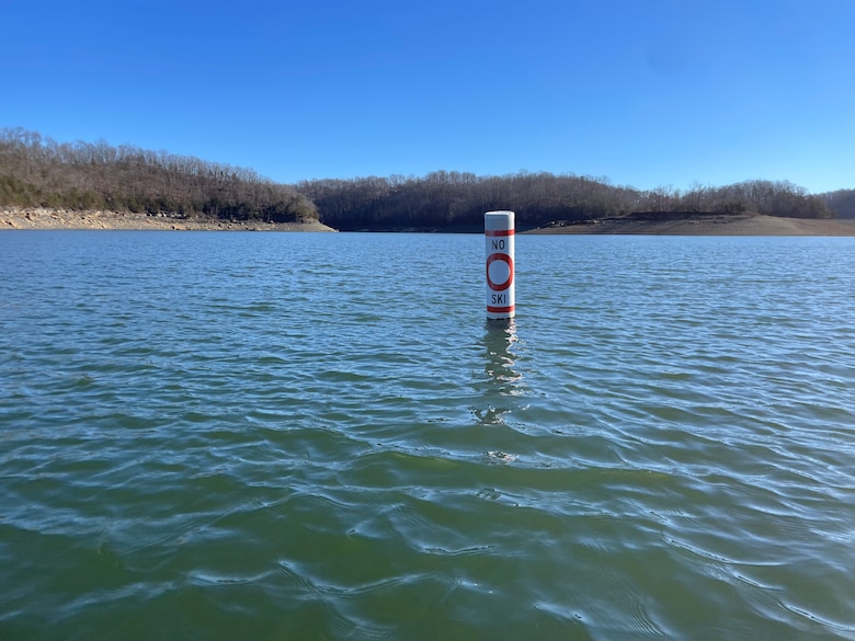 A new “No Wake” buoy is now visible on Lake Cumberland in Albany, Kentucky, in Clinton County. (USACE Photo by Cody Pyles)