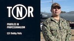 U.S. Navy title graphic for a profiles in professionalism story featuring Logistics Specialist 1st Class Bobby Veliz, assigned to Tactical Support Wing.