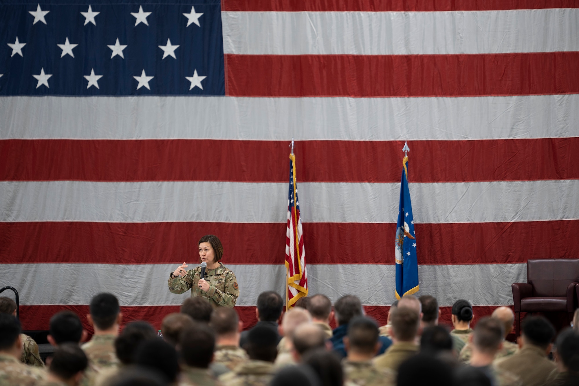 Chief Master Sgt. of the Air Force JoAnne S. Bass speaks to Airmen at Hill Air Force Base, Utah, Jan. 8, 2024.