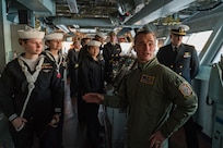Vice Adm. Doug Perry, commander, U.S. 2nd Fleet, addresses watchstanders in the navigational bridge aboard the Ford-class aircraft carrier USS Gerald R. Ford (CVN 78) as the ship prepares to return to Naval Station Norfolk following an eight-month deployment, Jan. 17, 2024. The Gerald R. Ford Carrier Strike Group was deployed to the U.S. Naval Forces Europe area of operations, employed by U.S. 6th Fleet to defend U.S., allied and partner interests.(U.S. Navy photo by Mass Communication Specialist 2nd Class Anderson W. Branch)