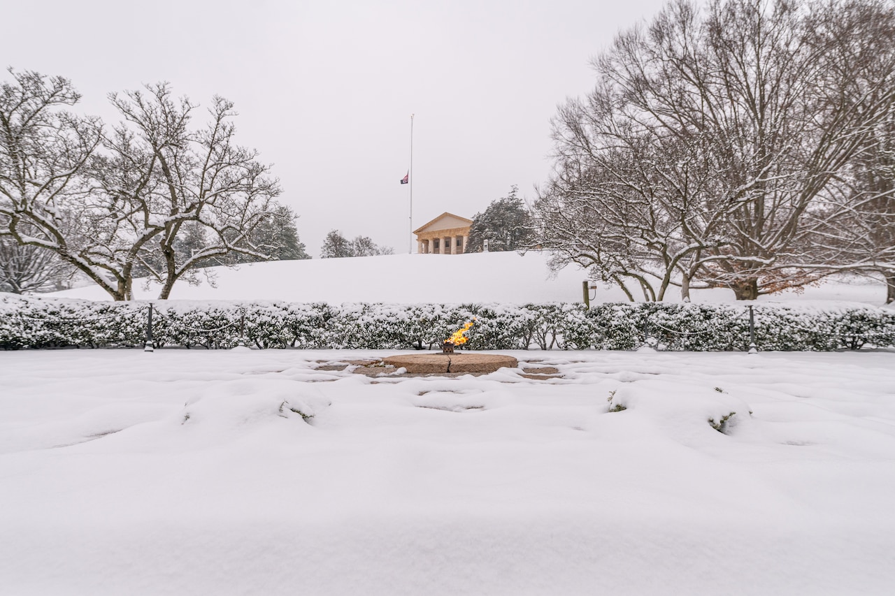 Arlington House is seen during a snowfall at Arlington National Cemetery, Arlington, Va., Jan. 16, 2024.