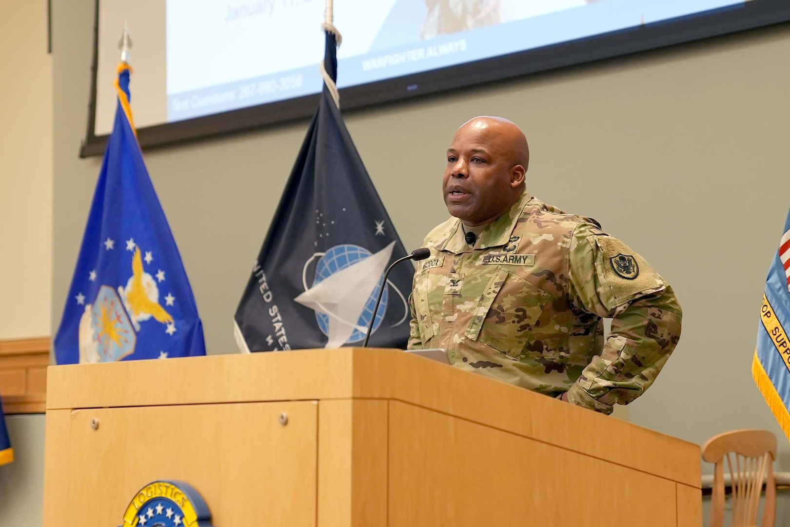 DLA Troop Support Commander Army Col. Landis Maddox speaks to the workforce during a town hall meeting January 11, 2024