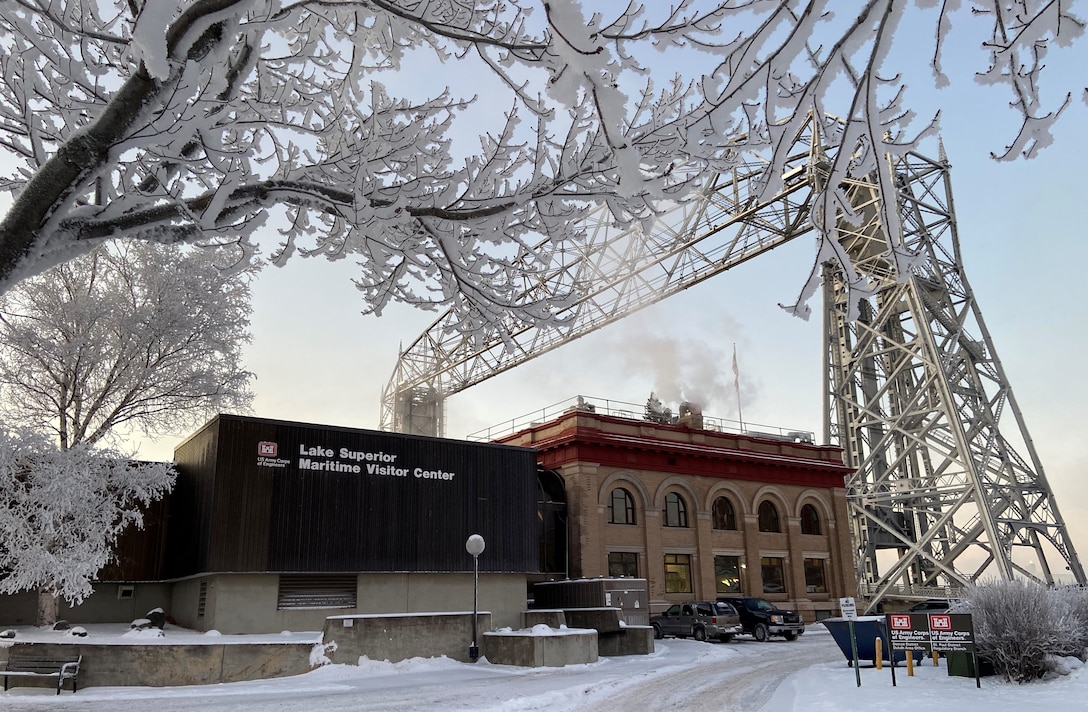 The Duluth Project Office’s, Lake Superior Maritime Visitor Center and Duluth Lift Bridge after a morning snowfall on June 28, 2023.